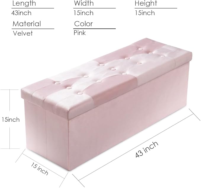 PRANDOM Jumbo Ottoman with Storage [1-Pack] Velvet Folding Small Square Foot Stool with Lid for Living Room Bedroom Coffee Table Dorm Pink 43x15x15 inches-NeatNest
