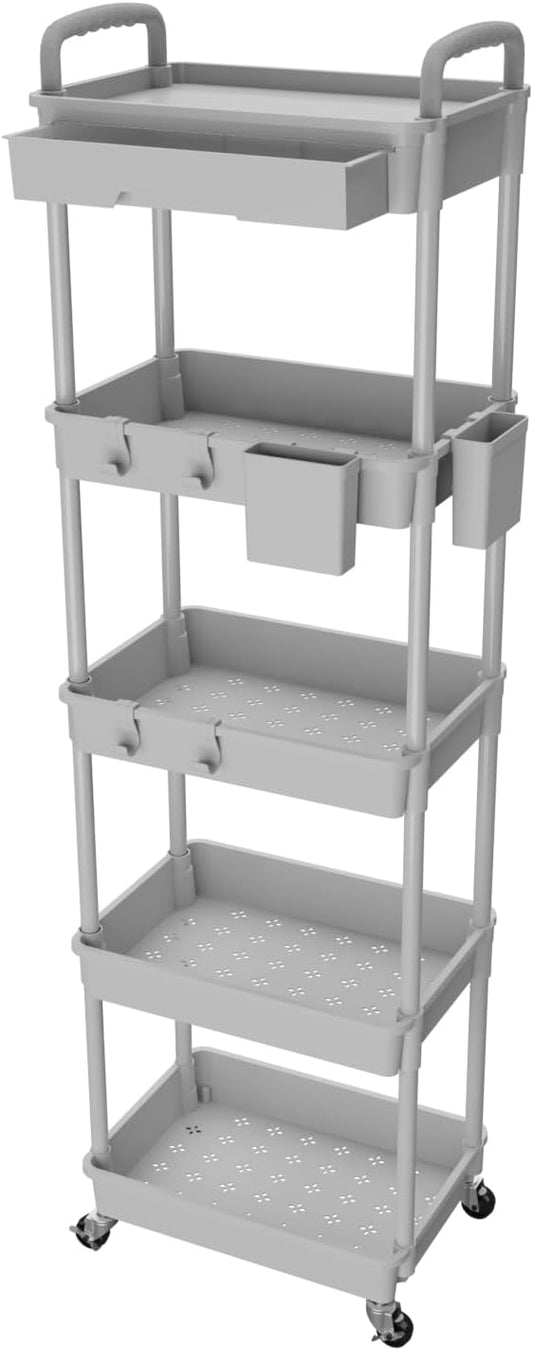 5 Tier Rolling Utility Cart with Drawer,REBECAT Utility Cart Made of Multifunctional Storage Organizer Tool for Kitchen,Bathroom,Living Room,Office(Gray)-NeatNest