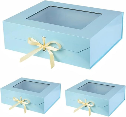 3 Pcs Extra Large Blue Gift Box for Presents with Ribbon 19x16x6 Inches Clear Gift Box with Window Magnetic Closure Gift Boxes with Lids-NeatNest