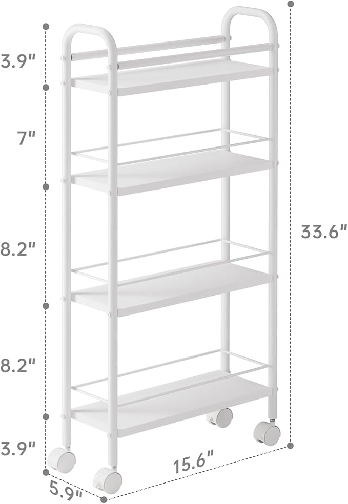 Slim Storage Cart, 4 Tier Rolling Utility Cart on Wheels, Narrow Shelving Unit Cart for Small Spaces in Kitchen, Dining Room, Bathroom, Laundry Room, White