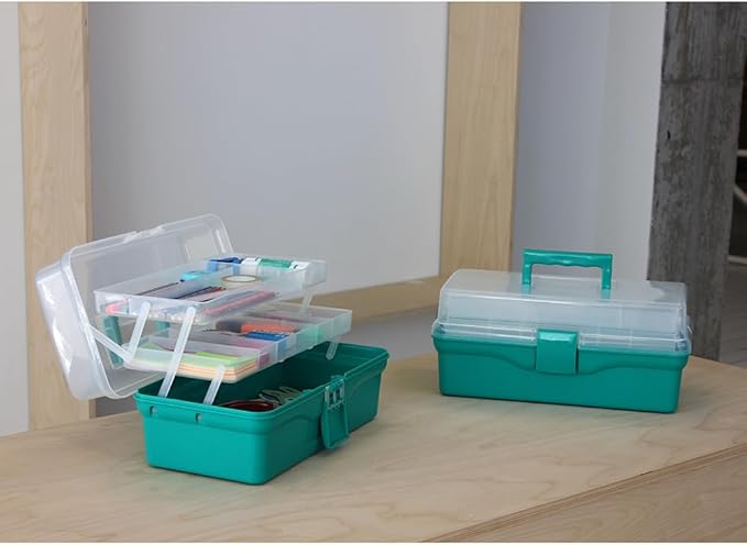 BangQiao 13.40 Inch 2-Tier Trays Clear Green Plastic Storage Container Organizer Box, Multipurpose Portable Carrying Case with Latch Lock and Handle for Art, Craft, Sewing Supplies, First Aid, Makeup