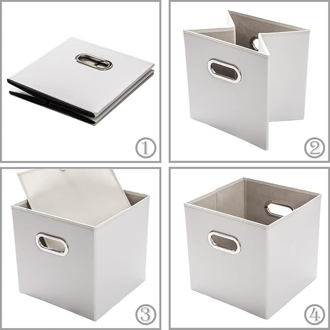 PRANDOM Leather Foldable Cube Storage Bins 11x11 inch [4-Pack] Fabric Storage Baskets Cubes Drawer with Cotton Handles Organizer for Shelves Nursery Closet Bedroom Clothes Cream-NeatNest