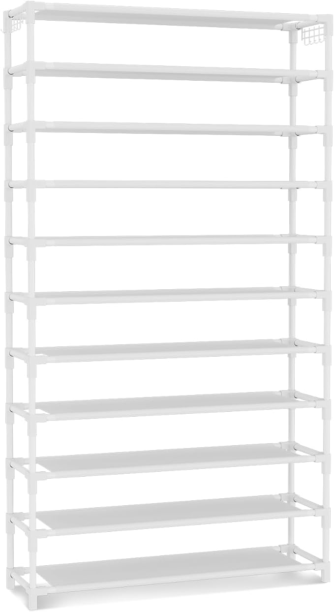 11 Tiers Tall Wide Shoe Rack 55 Pairs Large Capacity Sturdy Durable Shoe Rack for Closet Metal Shoe Organizer Shelf with Two Hooks Space Saving for Entryway White-NeatNest