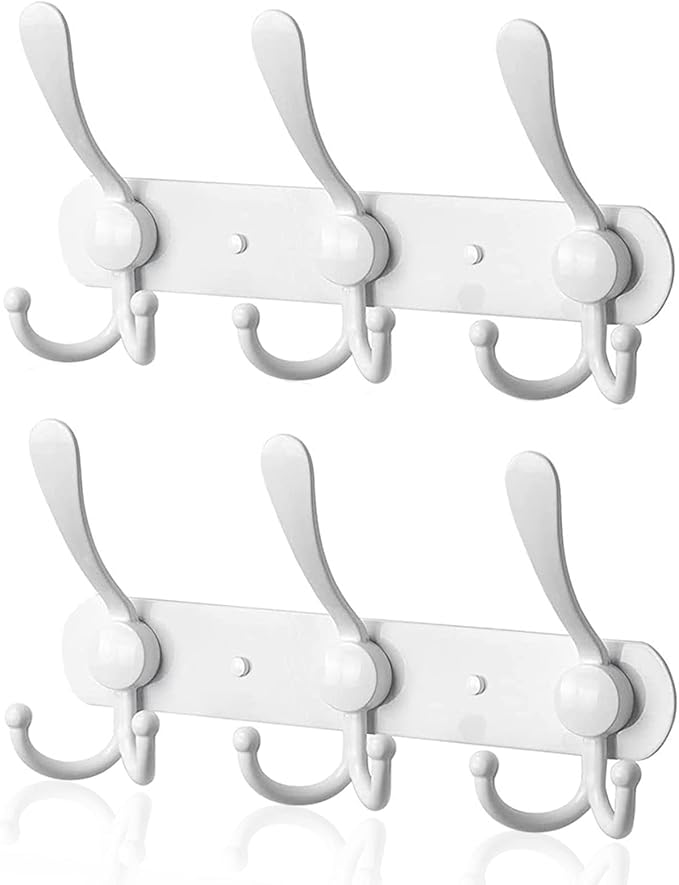 Coat Rack Wall Mounted,3 Tri Stainless Steel Coat Hook for Coat Hat Robes Towel in Mudroom Entryway (White, 2 Pack 3 Hook)-NeatNest