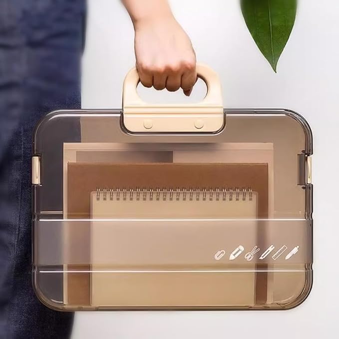 Portable File Box Clear Waterproof Document Storage Box with Snaps PP Files Organizer Cases for A4 Paper Magazines Notebooks School or Office Supplies (1 pcs, Brown)