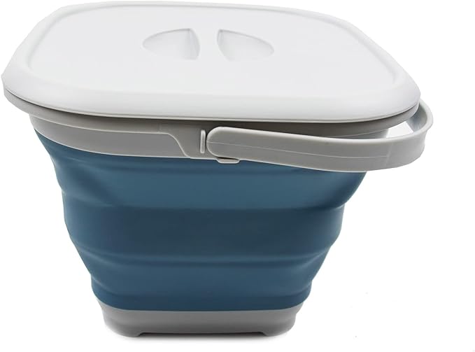 SAMMART 8.5L (2.2 Gallon) Collapsible Square Bucket with Handle and Lid. Size 31x31cm (Grey/Steel Blue, 1)-NeatNest