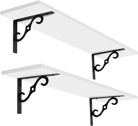 DINZI LVJ Long Wall Shelves, 23.6 Inch Large Floating Shelves Set of 2, Wide Display Shelf Wall Mounted with Brackets, Easy Hanging for Living Room, Toilet, Office, Bedroom, White-NeatNest