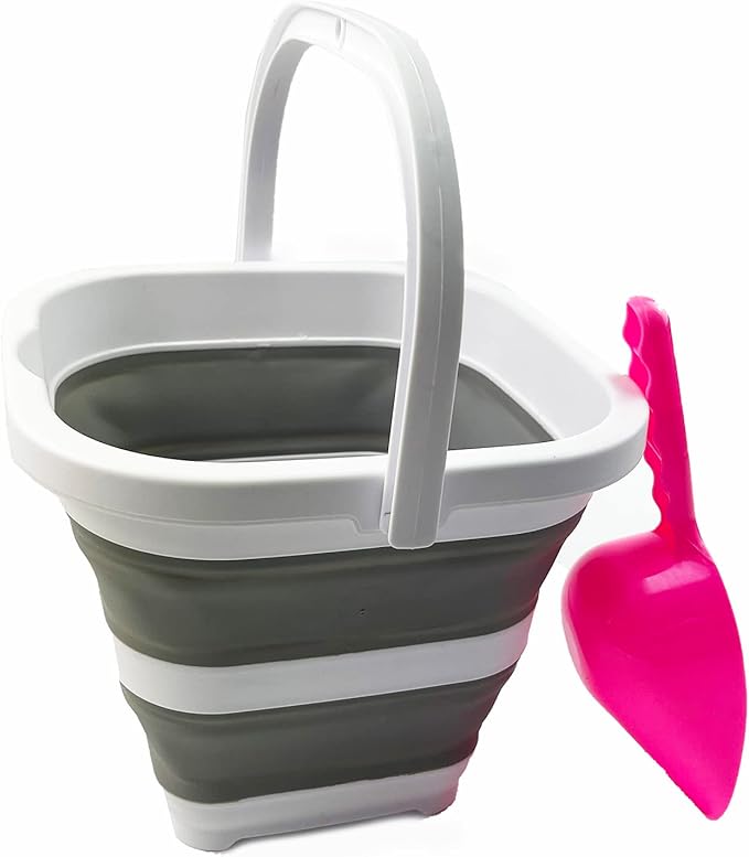 SAMMART Collapsible Rectangular Cleaning Bucket 5L (1.3 Gallon)- Foldable Camping Beach Sand Water Pot Pail- Portable Space Saving Tub for Household, Outdoor Car Washing (Grey + Pale Pink (Set of 2))-NeatNest