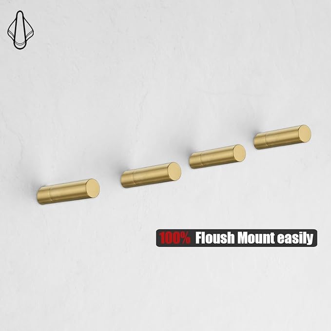 JQK Wall Hooks Gold, 304 Stainless Steel Coat Hooks Wall Mounted for Robe Hat Clothes Hanger Towels, Brushed Gold 4 Pack, RH120-BG-P4