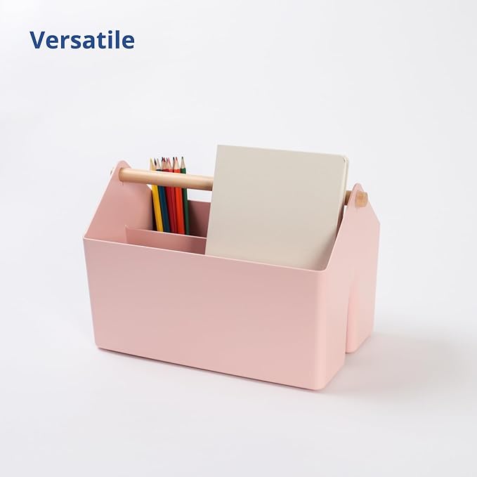 BLUE GINKGO Medium Storage Basket – Plastic Caddy with Wooden Handle for Office, Arts & Crafts, or Home Supplies (Pink)-NeatNest