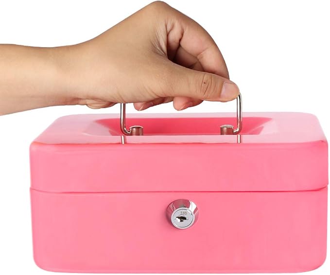 Decaller Cash Box with Money Tray, Metal Locking Money Box with Key Lock for Security, 7 4/5" x 6 4/5" x 3 3/5", Pink-NeatNest