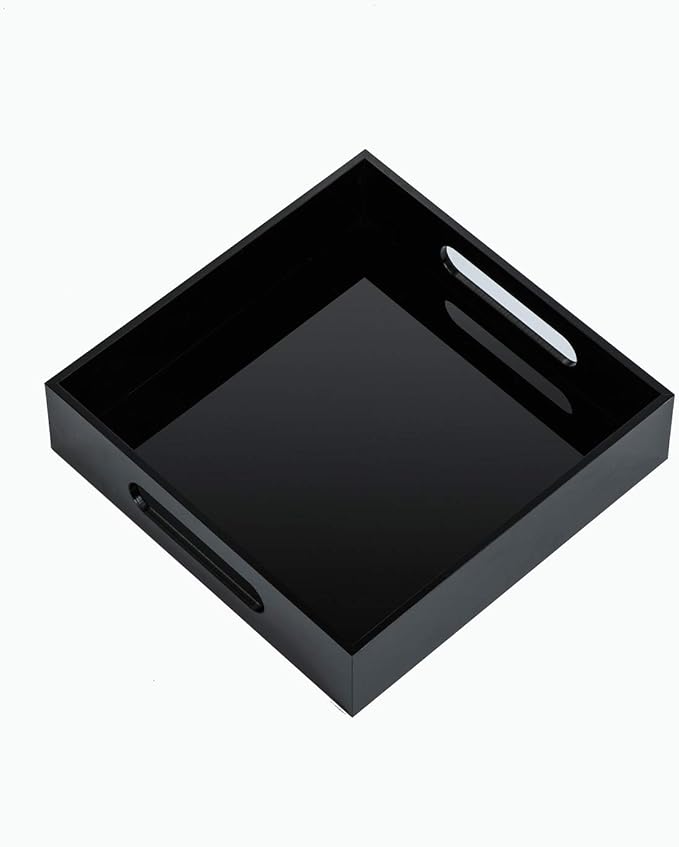 Black Sturdy Acrylic Tray with Handles-8x8 Inch- Countertop Organizer Tray for Kitchen,Bathroom,Office- Storage Box for Cosmetics, Jewelry,Toiletries,Toy,Gadgets-NeatNest