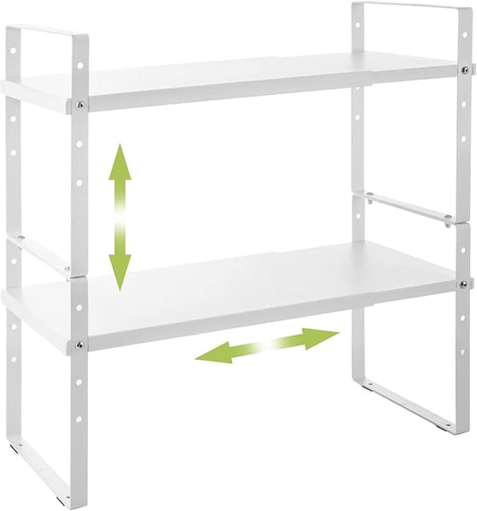 Expandable Cabinet Shelf Organizer Rack, Stackable Kitchen Counter Storage Shelves Stand, Adjustable Height Pantry Shelf Spice Rack (White, 2 Pack)-NeatNest