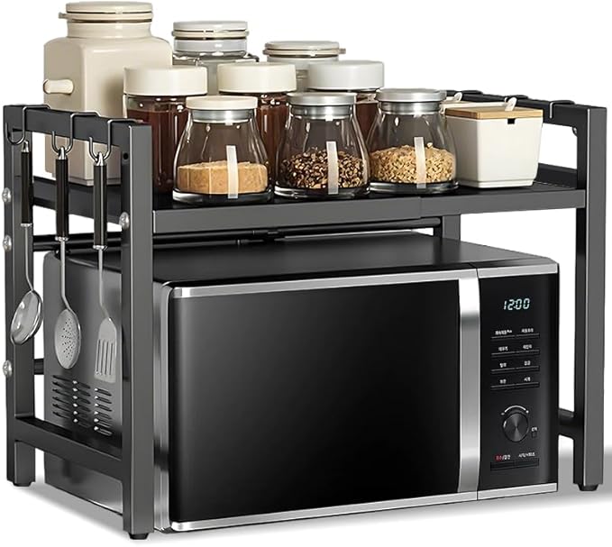 Caliee Expandable Microwave Stand, Adjustable Countertop Storage Rack for Microwave, Tableware, and Pantry Items, Space-Saving Design for Kitchen, Cabinet, and Countertop (Black)-NeatNest