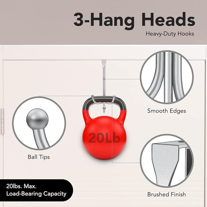 2-Pack Over The Door Hook - with 3 Hang Heads & Snug Fit Pads- 2Pcs Heavy Duty Hooks for Hanging Coats, Towels, Caps & Robes - Elegant Matt Finish - No Drill Hanger Organizer - Silver
