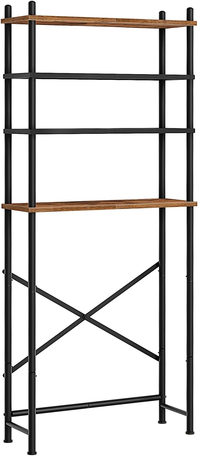 HOOBRO Over The Toilet Storage, 4-Tier Over Toilet Bathroom Organizer, Freestanding Above Toilet Shelf with Adjustable Feet, Space Saving, Easy to Assemble, Rustic Brown and Black BF64TS01