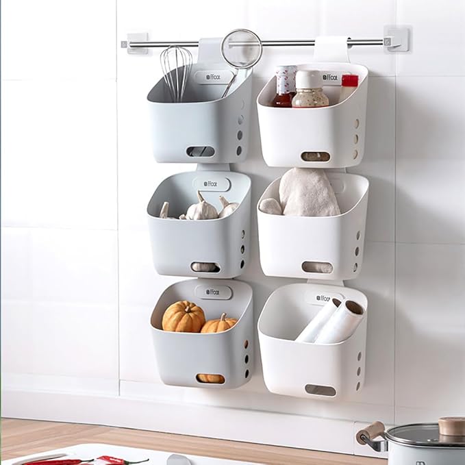 LeleCAT Plastic Hanging Basket Kitchen Storage organizer, Basket with Detachable hook, Hang it behind a door or on a railing, Over the Cabinet Door (White, Large-2 Pack)