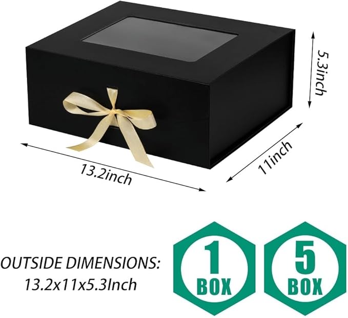 5 Pcs Black Gift Box for Presents with Ribbon 13.2x11x5.3 Inches Clear Gift Box with Window Magnetic Closure Gift Boxes with Lids-NeatNest