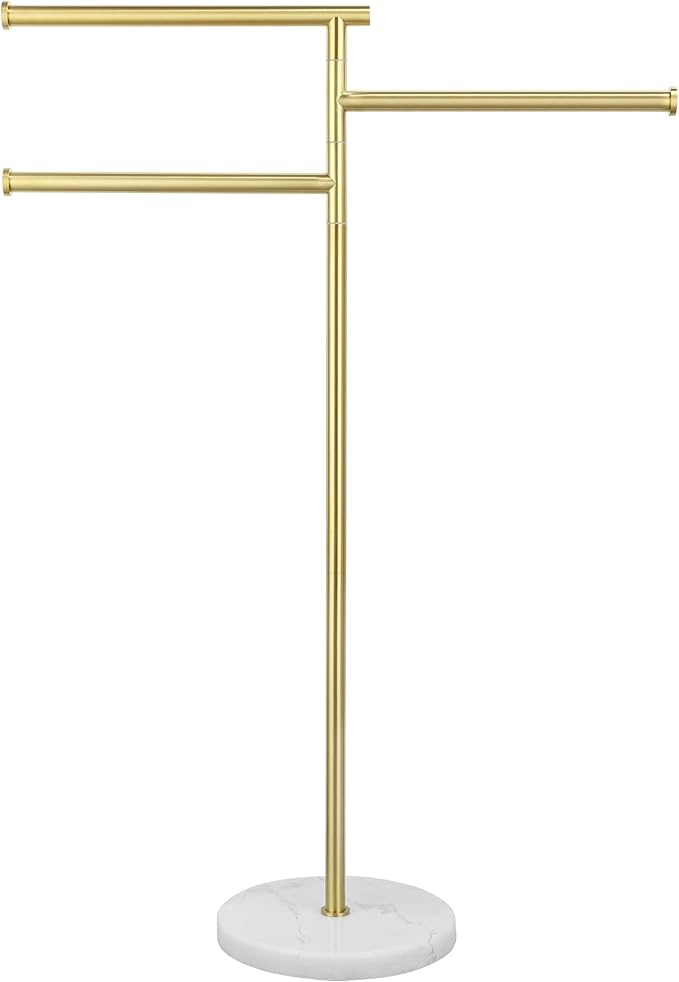 KES Brushed Gold 40-Inch Freestanding Towel Racks for Bathroom with Weighted Natural Marble Base, 3 Swivel Arms Bath Floor Free Standing Towel Racks, 18/8 Stainless Steel, BTH219-BZ