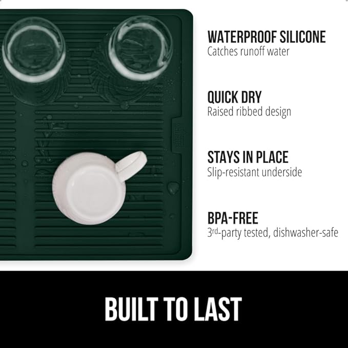 GORILLA GRIP 100% BPA-Free Silicone Dish Drying Mat for Kitchen Counter, Quick Dry, Water Catching Ribbed Design, Easy Clean Waterproof Sink Liner, Heat Resistant, Fits Under Rack, 13x11, Hunter Green
