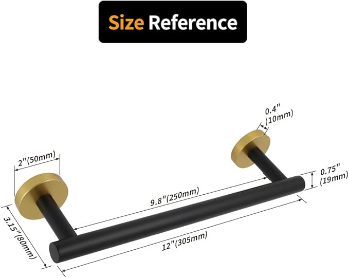 12-Inch Towel Bar Towel Rack Wall Mounted SUS 304 Stainless Steel Towel Rail Towel Rod for Bathroom Modern Style Black & Gold