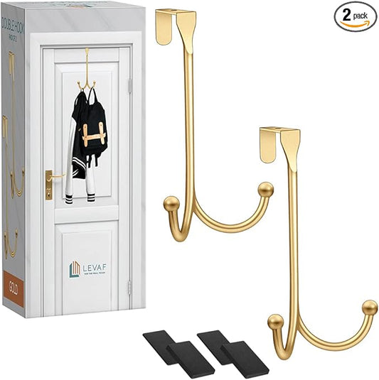 2-Pack Over The Door Hooks - with 2 Hang Heads & Snug Fit Pads Heavy Duty Hook for Hanging Coats, Towels, Caps & Robes - Elegant Matt Finish - No Drill Hanger Organizer - Gold