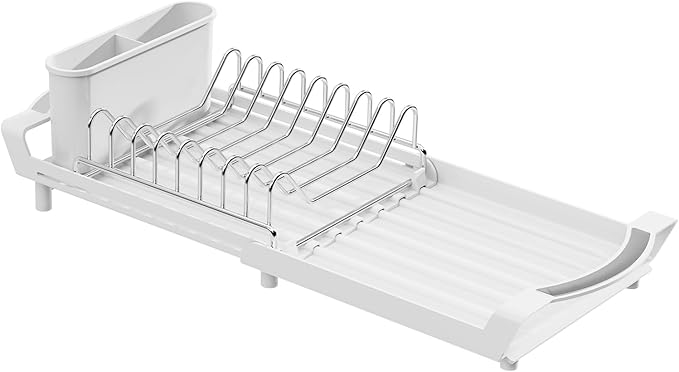 Expandable Dish Drying Rack for Sink or Countertop – Compact Stainless Steel Dish Drainer with Removable Utensil Holder, Rustproof Plate Rack for Small Kitchen Spaces, White