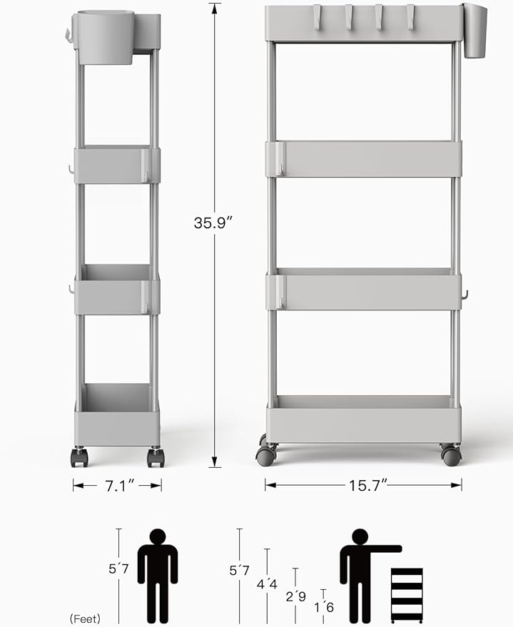 Pipishell Slim Storage Cart with Wheels, 4 Tier Bathroom Storage Organizer Rolling Utility Cart for Bathroom Kitchen Laundry Room Office Narrow Place (Gray)-NeatNest