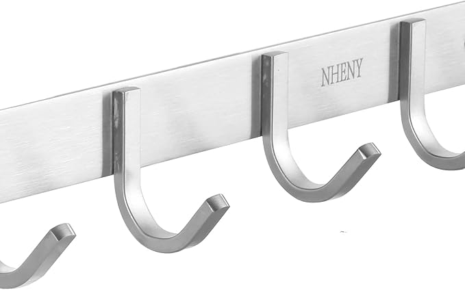 Coat Hook Wall Mount - NHENY Towel Rack with 6 Hooks Hanger for Hanging Clothes, Bags, Keys, and Towels Bathroom, Entryway, Door, 304 Stainless Steel Brushed Nickel-NeatNest