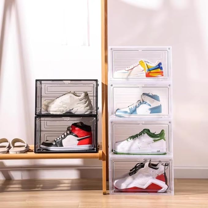 Attelite Shoe Box, Upgraded Large Clear Shoe Storage Box Stackable, 8 Pack Thicken Plastic Shoe Containers, Drop Front Large Magnetic Door,Shoe Storage Organizer for Display Sneakers