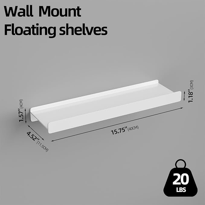 Floating Shelves for Wall, Wall Mounted Shelves with Lip for Storage, Metal Display Shelves for Home Decor, Kitchen/Living Room/Bedroom/Bathroom Shelf, White 16 inch 1 Pack-NeatNest