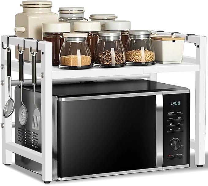 Caliee Expandable Microwave Stand, Adjustable Countertop Storage Rack for Microwave, Tableware, and Pantry Items, Space-Saving Design for Kitchen, Cabinet, and Countertop (White)-NeatNest