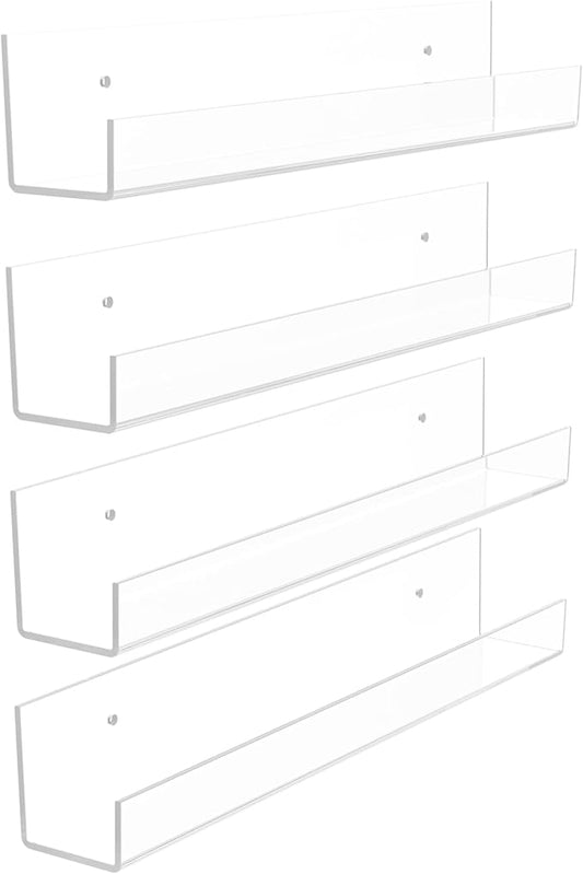 4 Pack Acrylic Shelves for Wall Storage,12" Floating Bookshelves for Kids, Display Shelf for Bathroom, Bedroom,Decor, Clear