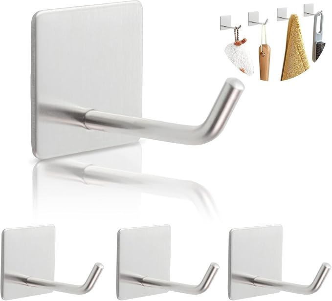4PCS Adhesive Sticky Wall Hooks Heavy Duty, Long Stainless Steel Towel Hooks for Hanging Kitchen Bathroom Home, Waterproof Hook Wall Hanger Holder for Key Hat Coat Bag (Silver)