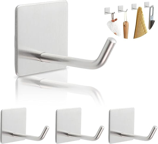 4PCS Adhesive Sticky Wall Hooks Heavy Duty, Long Stainless Steel Towel Hooks for Hanging Kitchen Bathroom Home, Waterproof Hook Wall Hanger Holder for Key Hat Coat Bag (Silver)