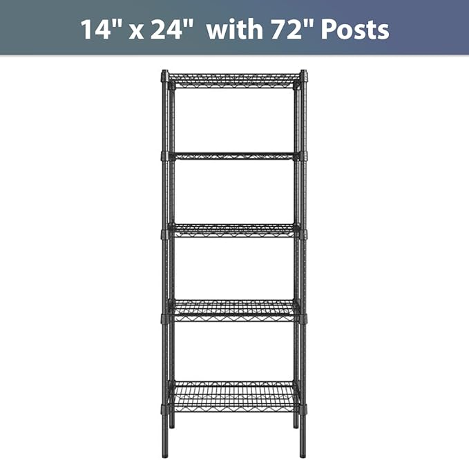14" x 24" NSF Black Epoxy 5-Shelf Kit with 72" Posts, Commercial Storage Rack Unit, Heavy Duty Storage Shelving, Wire Shelving Kit, Adjustable Rack Strong Steel, Multipurpose Wire Shelf