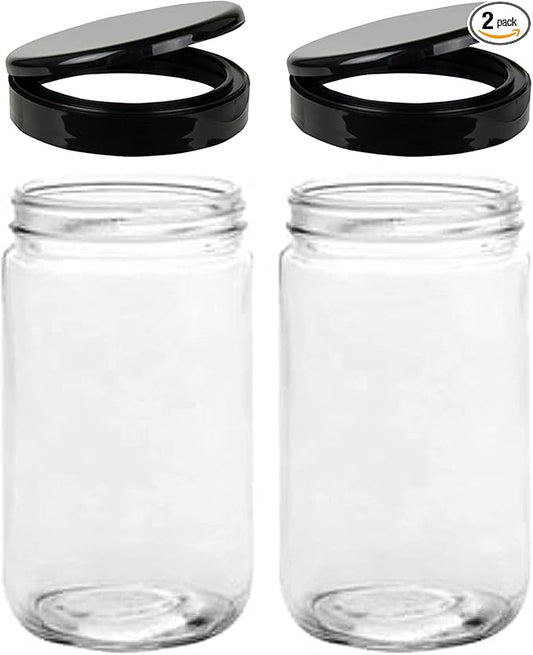 Jarming Collections 32oz Extra Wide Mouth Glass Storage Jar with BPA-Free Plastic Lid – Quart Size Airtight Mason Jar for Kitchen, Pantry, and Food Storage (Set of 2)