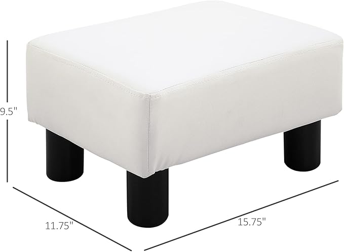 HOMCOM Ottoman Foot Rest, Small Foot Stool with Faux Leather Upholstery, Rectangular Ottoman Footrest with Padded Foam Seat and Plastic Legs, Bright White