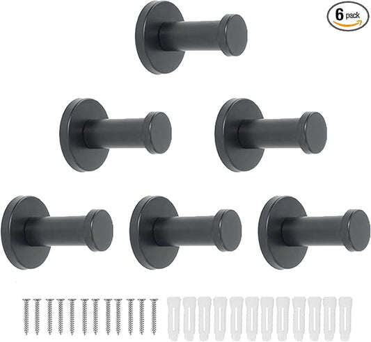 Bathroom Towel Hooks, 6 Pack Round Coat Hooks, Sturdy Wall Mounted Robe Hook, SUS 304 Stainless Steel Heavy Duty Clothes Hanger, Wall Towel Hooks for Bathroom Bedroom Kitchen (Black)