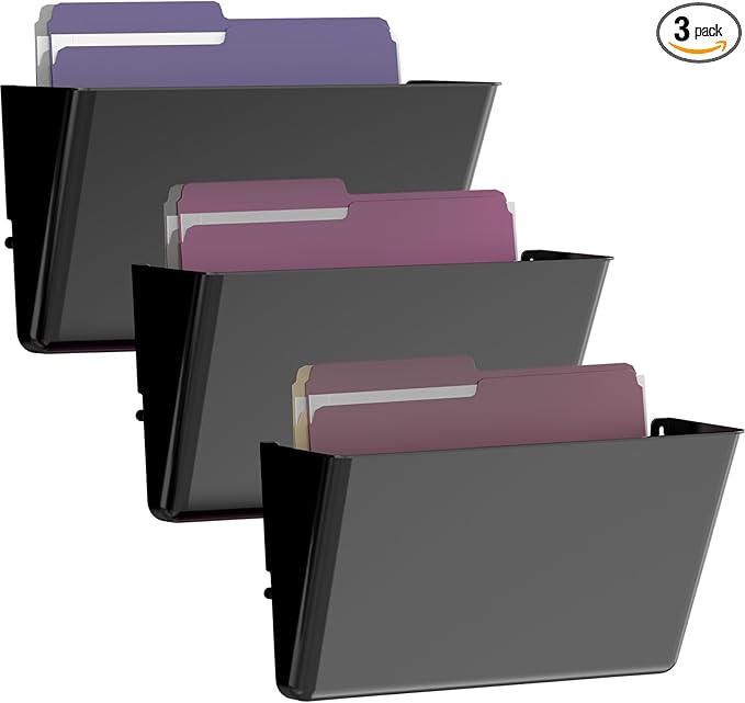 3 Pack Clear Acrylic Single Pocket, Plastic Hanging Wall Mount File Holder for Office Home, Black