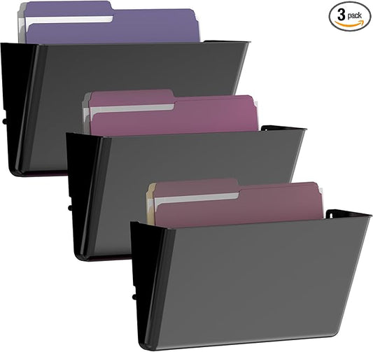 3 Pack Clear Acrylic Single Pocket, Plastic Hanging Wall Mount File Holder for Office Home, Black