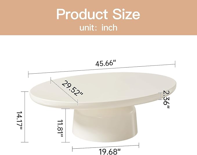 Creamy White Oval Coffee Table 45.6" Cute Corner Center Tables with Sturdy Pedesta Modern Wood Tea Table Low Floor Tables for Living Room Bedroom Easy Assembly,Oval Table-NeatNest