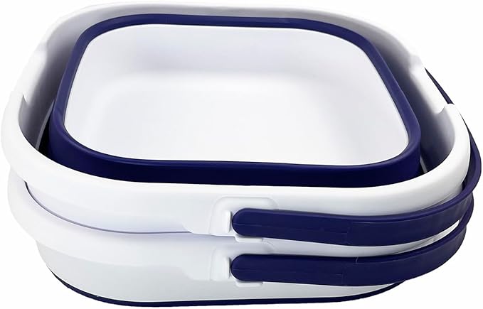 SAMMART 9.5L (2.5 Gallon) Collapsible Rectangular Handy Bucket (White/Navy Blue (Set of 2))-NeatNest