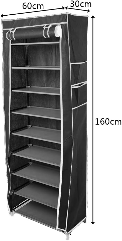 10 Tiers Shoe Rack with Dustproof Cover 27 Pair Shoe Tower Stand Sturdy Shelf Storage Organizer Cabinet Perfect for Bedroom, Closet, Entryway, Dorm Room (Black)-NeatNest