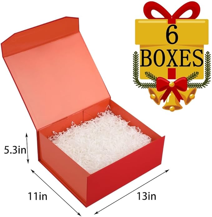 6 Pcs Red Gift Box Large 13x11x5.3 Inch Large Black Gift Box Large Magnetic Gift Box with Crinkle Paper Red Large Gift Box with Shredded Paper Luxury Gift Boxes with Lids for Presents-NeatNest