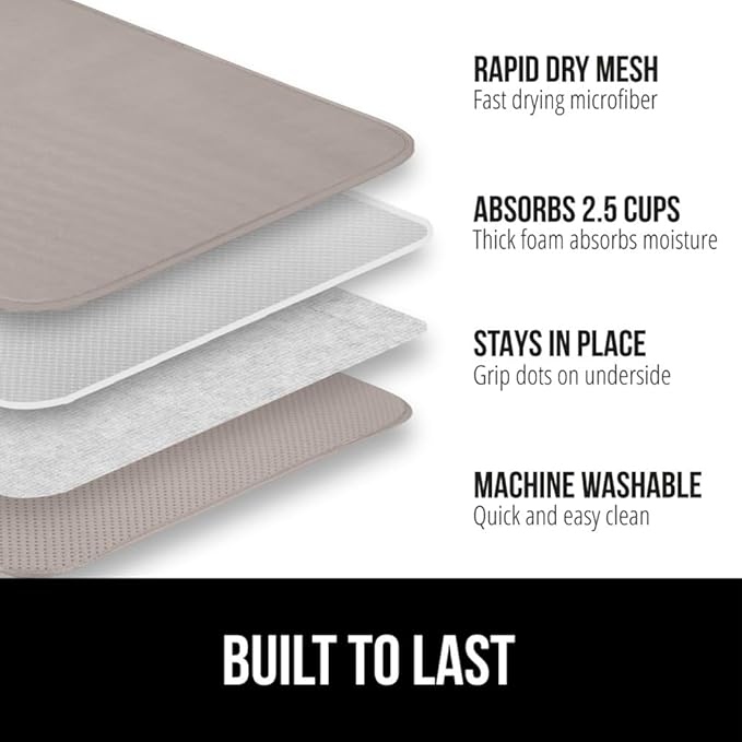 GORILLA GRIP Ultra Water Absorbent Microfiber Dish Drying Mat, Quick Dry Thick Mesh, Slip Resistant Pad for Sink Dishes or Under Rack, Kitchen Counter Accessories, 16x18, Machine Wash Mats, Almond