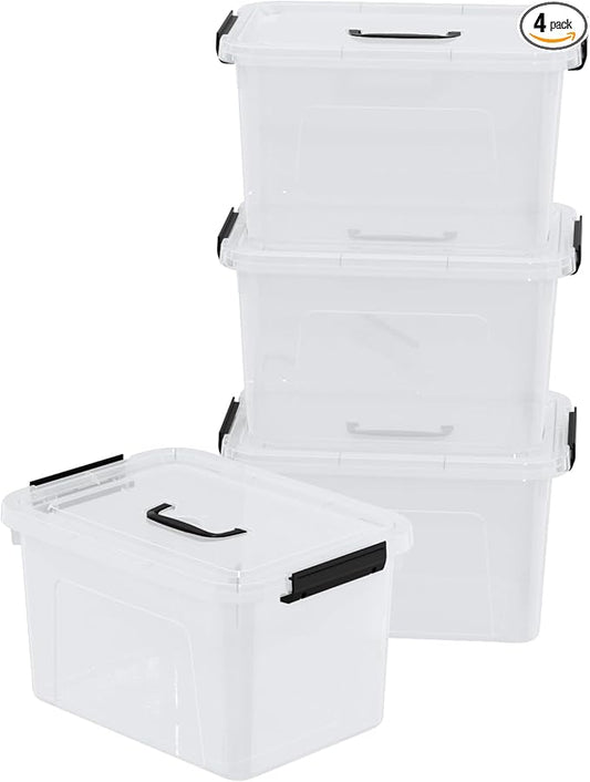 4-Pack 10 L Plastic Latching Box with Handle, Clear Storage Containers Box for Organizing