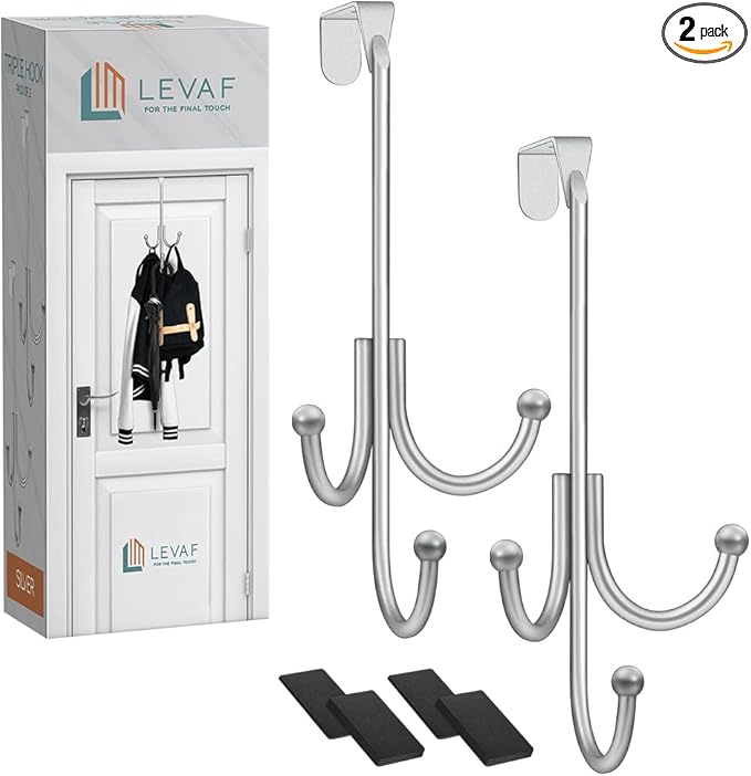 2-Pack Over The Door Hook - with 3 Hang Heads & Snug Fit Pads- 2Pcs Heavy Duty Hooks for Hanging Coats, Towels, Caps & Robes - Elegant Matt Finish - No Drill Hanger Organizer - Silver