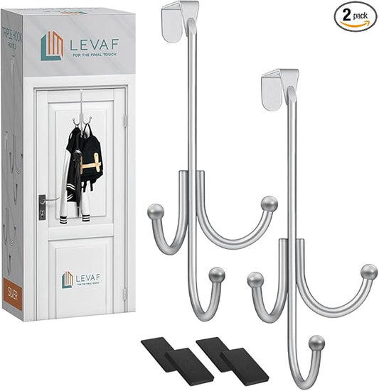 2-Pack Over The Door Hook - with 3 Hang Heads & Snug Fit Pads- 2Pcs Heavy Duty Hooks for Hanging Coats, Towels, Caps & Robes - Elegant Matt Finish - No Drill Hanger Organizer - Silver