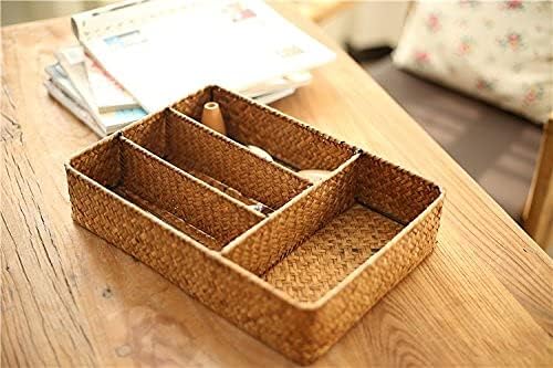 DECRAFTS Seagrass Storage Basket with Compartments Utensil Tray for Organization Silverware Flatware Rectangular Shelf Baskets with 4 Sections Natural-NeatNest